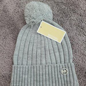 Michael Kors Ribbed Grey Beanie with Pom One Size NWT